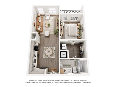 Floor plan for 1 bed, 1 bath, 715 sqft